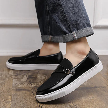 Men's black slip-on loafers with horsebit buckle and round toe, artificial leather upper