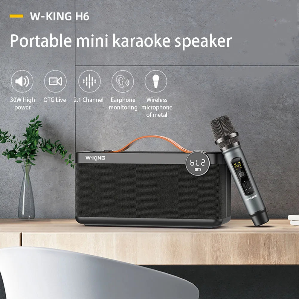 Black portable Bluetooth speaker with microphone, 215.3 x 86.3 x 109mm, USB charging, for calls and music