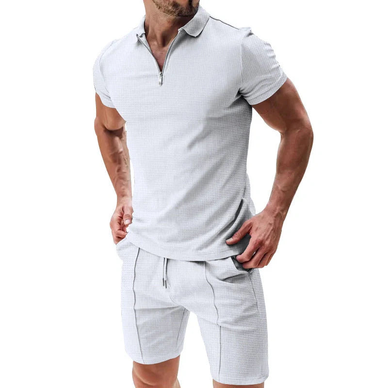 Men's waffle texture summer outfit set with zipper lapel top and drawstring shorts