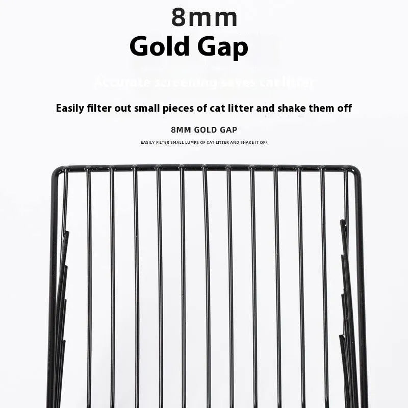 Black metal cat litter scoop with long handle and fine sifting mesh.