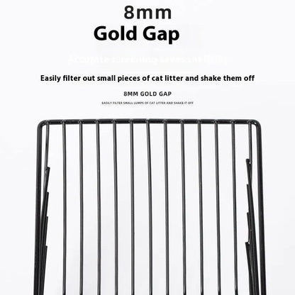 Black metal cat litter scoop with long handle and fine sifting mesh.