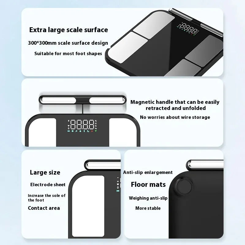 Black electronic weighing scale with tempered glass platform showing body fat percentage on colour screen