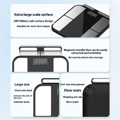 Black electronic weighing scale with tempered glass platform showing body fat percentage on colour screen