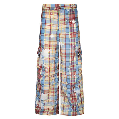 Men's retro plaid overalls with loose straight leg trousers in blue or yellow check pattern