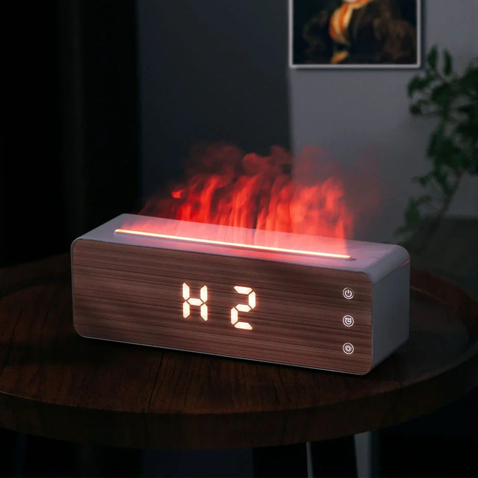 White flame-shaped humidifier with clock display measuring 28cm wide on desktop