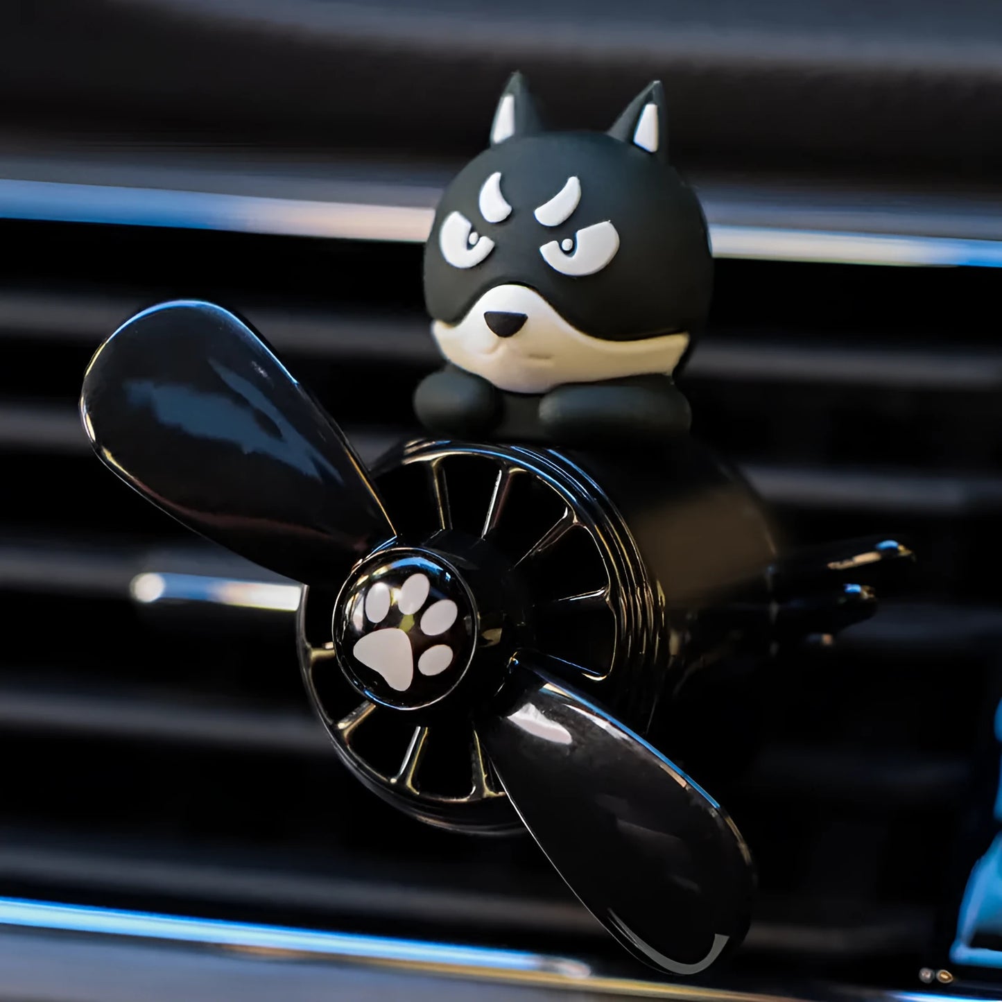 Set of four animal-themed car air vent clip ornaments: black husky, black cat, pink cat, and pink duck.