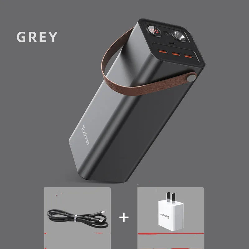 Black battery emergency power bank with solar panel, 70mm by 70mm by 162mm, showing 200W output and charging ports