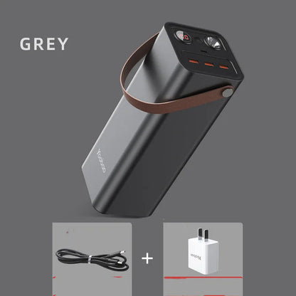Black battery emergency power bank with solar panel, 70mm by 70mm by 162mm, showing 200W output and charging ports