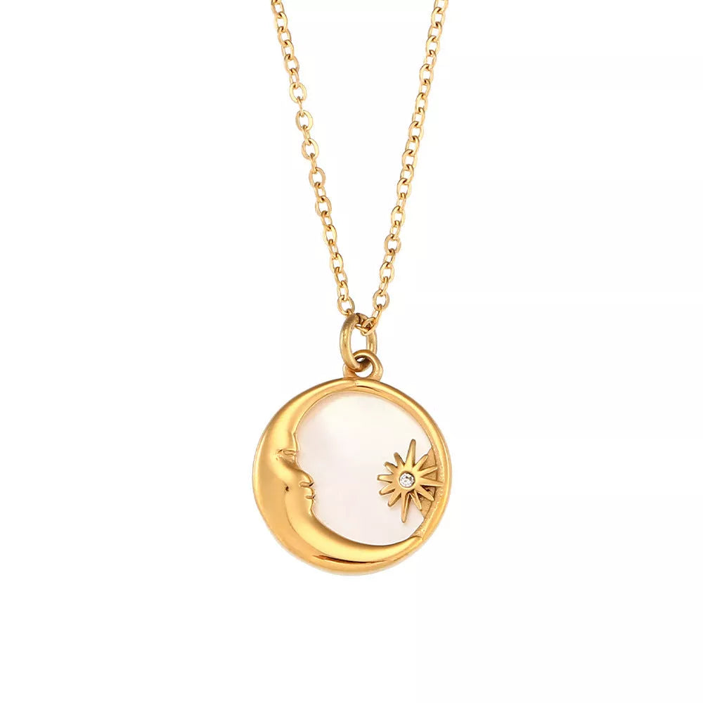 Gold shell moon and star pendant necklace with adjustable stainless steel chain