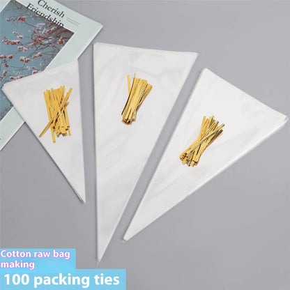 Transparent triangle plastic packaging bag with a twisted wire tie closure.