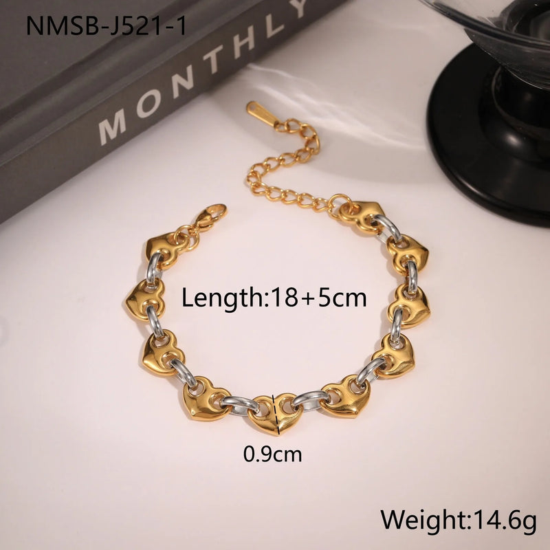 Women's Hollow Heart Bracelet Stainless Steel 18K Gold Plated Fashion Jewelry Simple Geometric Design with Small Heart and Large Heart Size Options in Colour Blocking, Gold, or Steel Colour Finishes