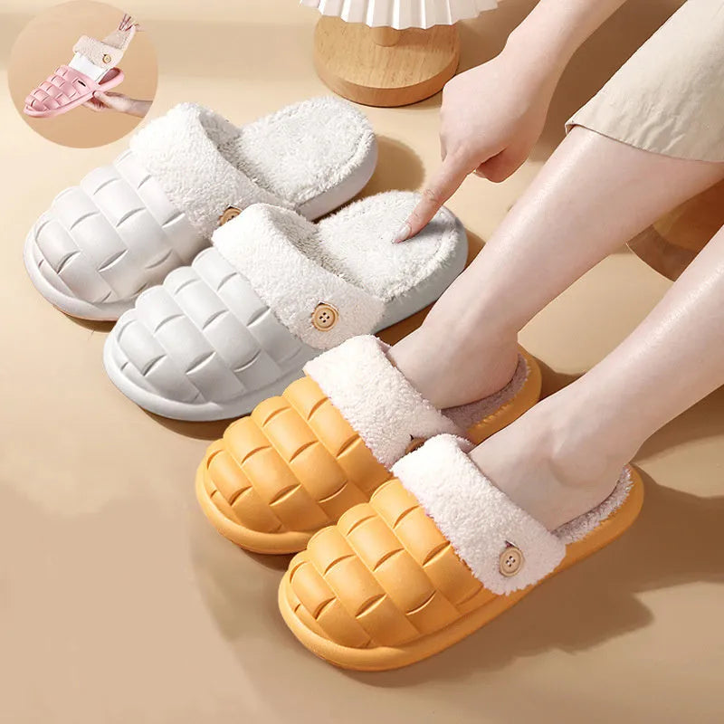Plaid detachable slippers with EVA sole and plush lining in pink, green, yellow, white, grey, or black