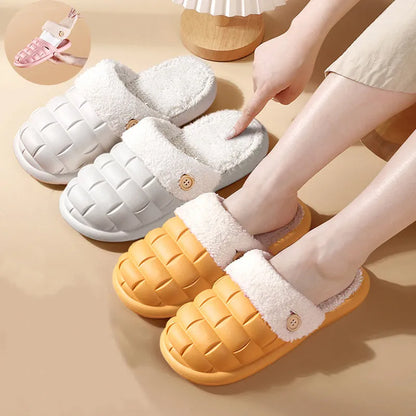 Plaid detachable slippers with EVA sole and plush lining in pink, green, yellow, white, grey, or black