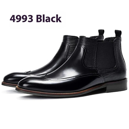 Men's Chelsea boots in black or dark brown faux leather with elastic band and low heel, sizes 38-48