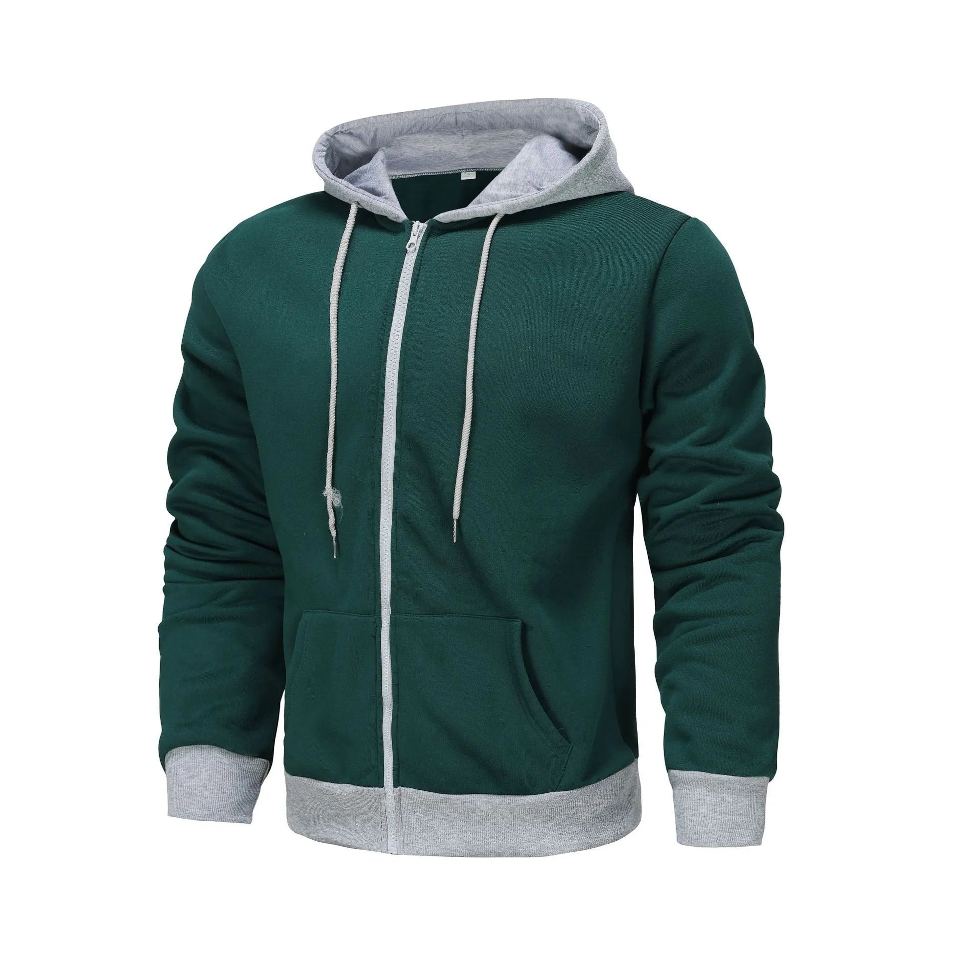 Men's black zip-up hoodie cardigan with a fleece lining, shown with the hood up.
