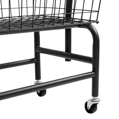 White mobile clothes storage rack with swivel casters and a single long hanging rod for shirts and trousers.