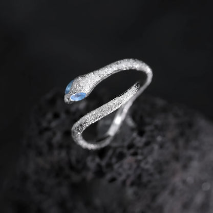 Cool Style Minority adjustable silver snake ring with platinum-colour finish on a hand, showing detailed modelling and open band.