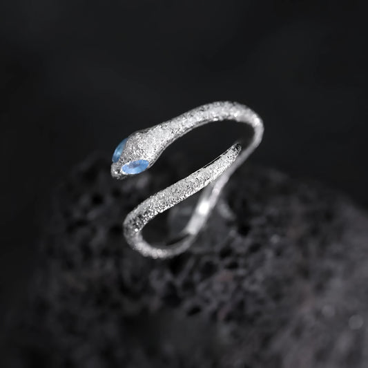 Cool Style Minority adjustable silver snake ring with platinum-colour finish on a hand, showing detailed modelling and open band.
