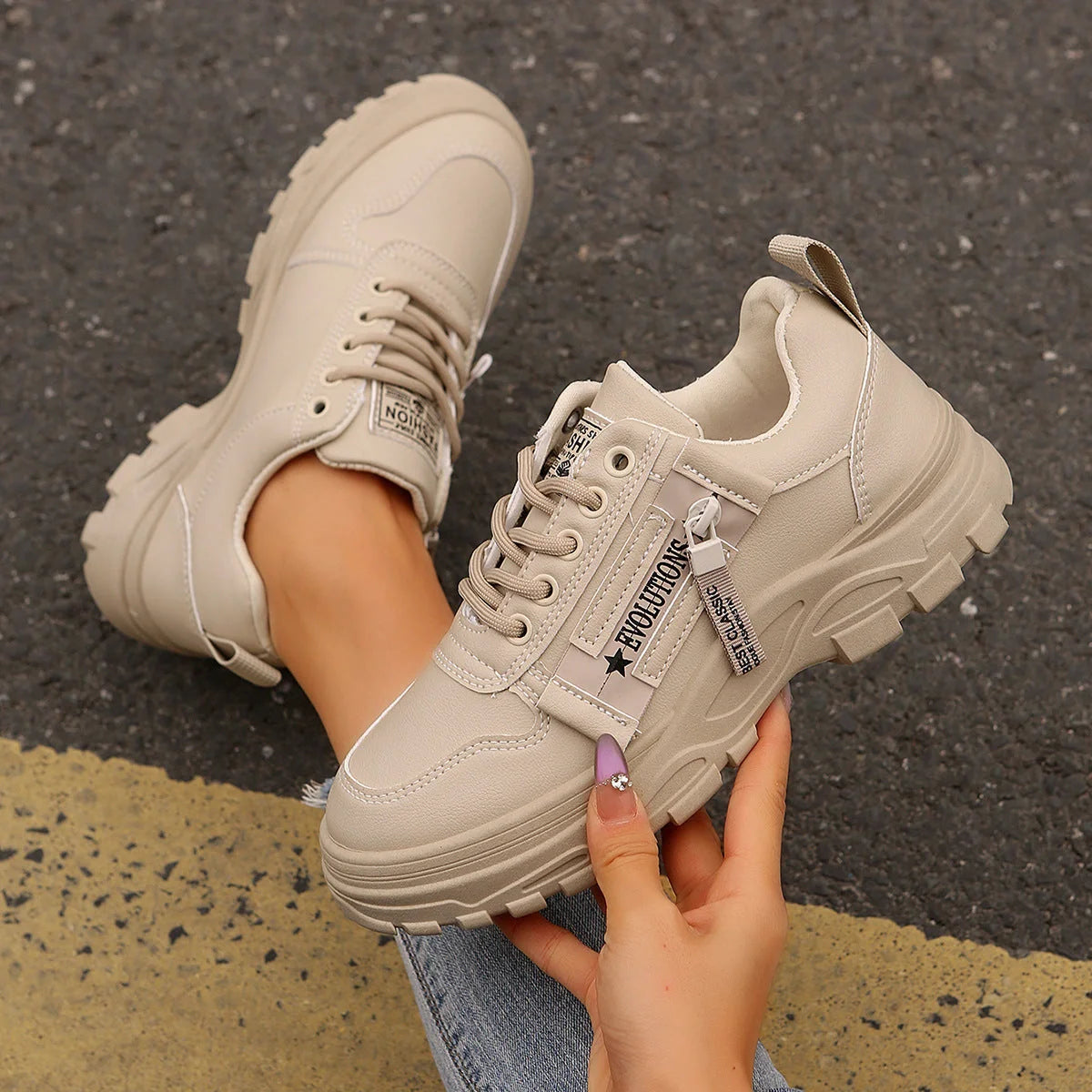 Stylish women's lace-up sneakers with side zipper in various colors