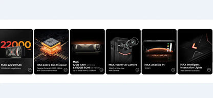 VMAX PRO mobile phone in black or grey colour, showing front view with charger and manual.