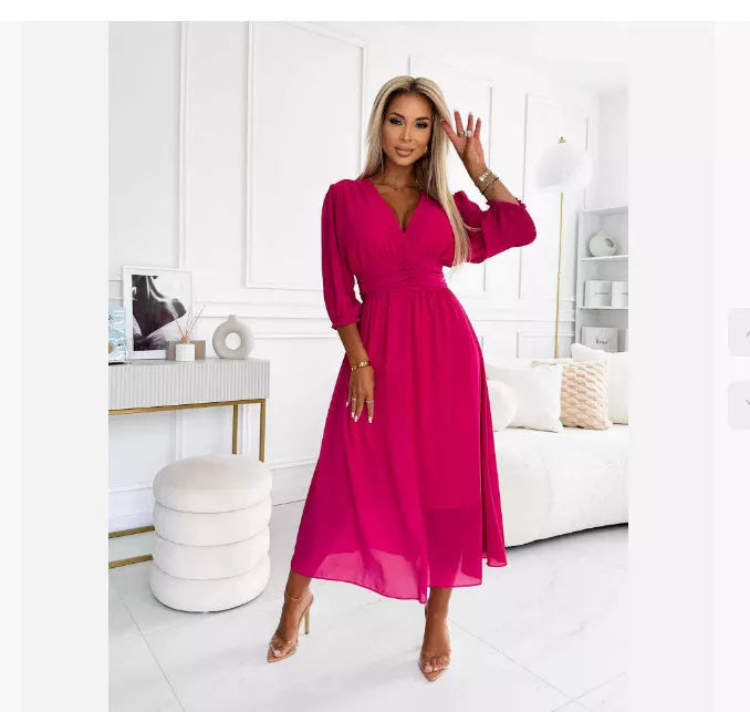V-neck waist-tight long sleeve chiffon dress for women in green, blue, black, and rose red