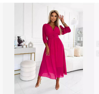V-neck waist-tight long sleeve chiffon dress for women in green, blue, black, and rose red