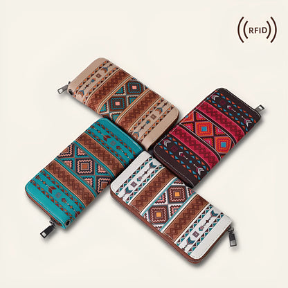Bohemian striped canvas RFID wallet in beige colour, showing anti-theft design and compact size.