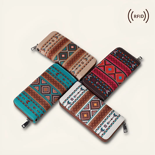 Bohemian striped canvas RFID wallet in beige colour, showing anti-theft design and compact size.