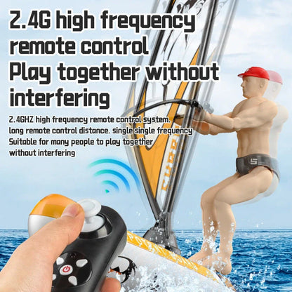 Blue remote control speedboat toy on water with USB charging cable