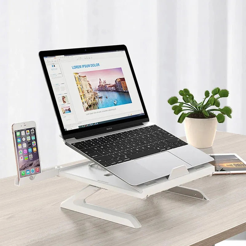 Foldable Laptop Stand for 10-15.6 Inch Laptops, Aluminium Alloy Riser with 9 Adjustable Angles, Heat-Vent Cooling Slot, Phone Holder and Keyboard Storage, 10kg Load, Black or White