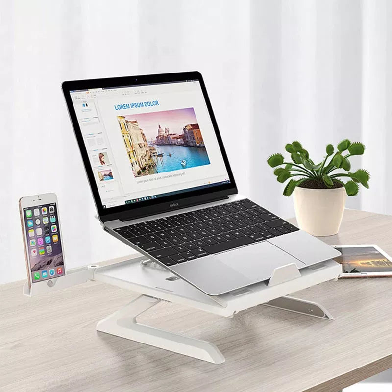 Adjustable aluminum alloy laptop stand with cooling feature and phone holders