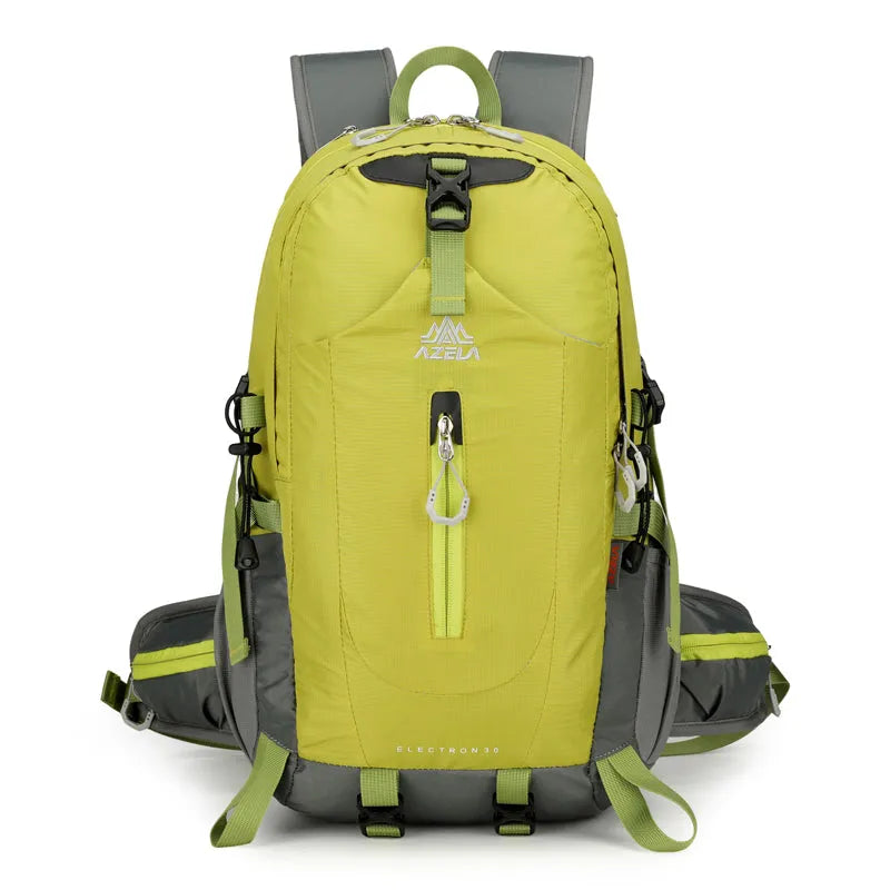 AZELA Electron 40L hiking backpack in white and navy with multiple compartments and adjustable straps