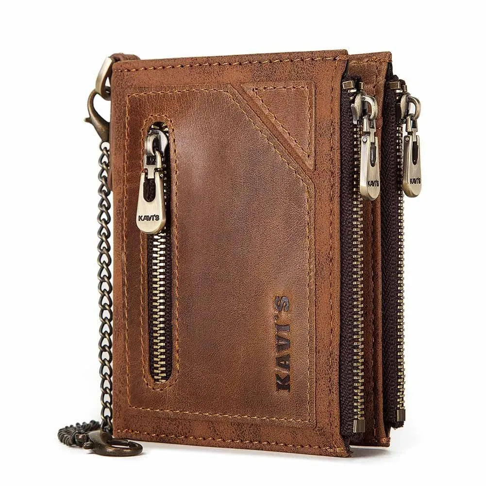 Dark brown men's leather wallet with a metal chain and an embossed letter pattern.