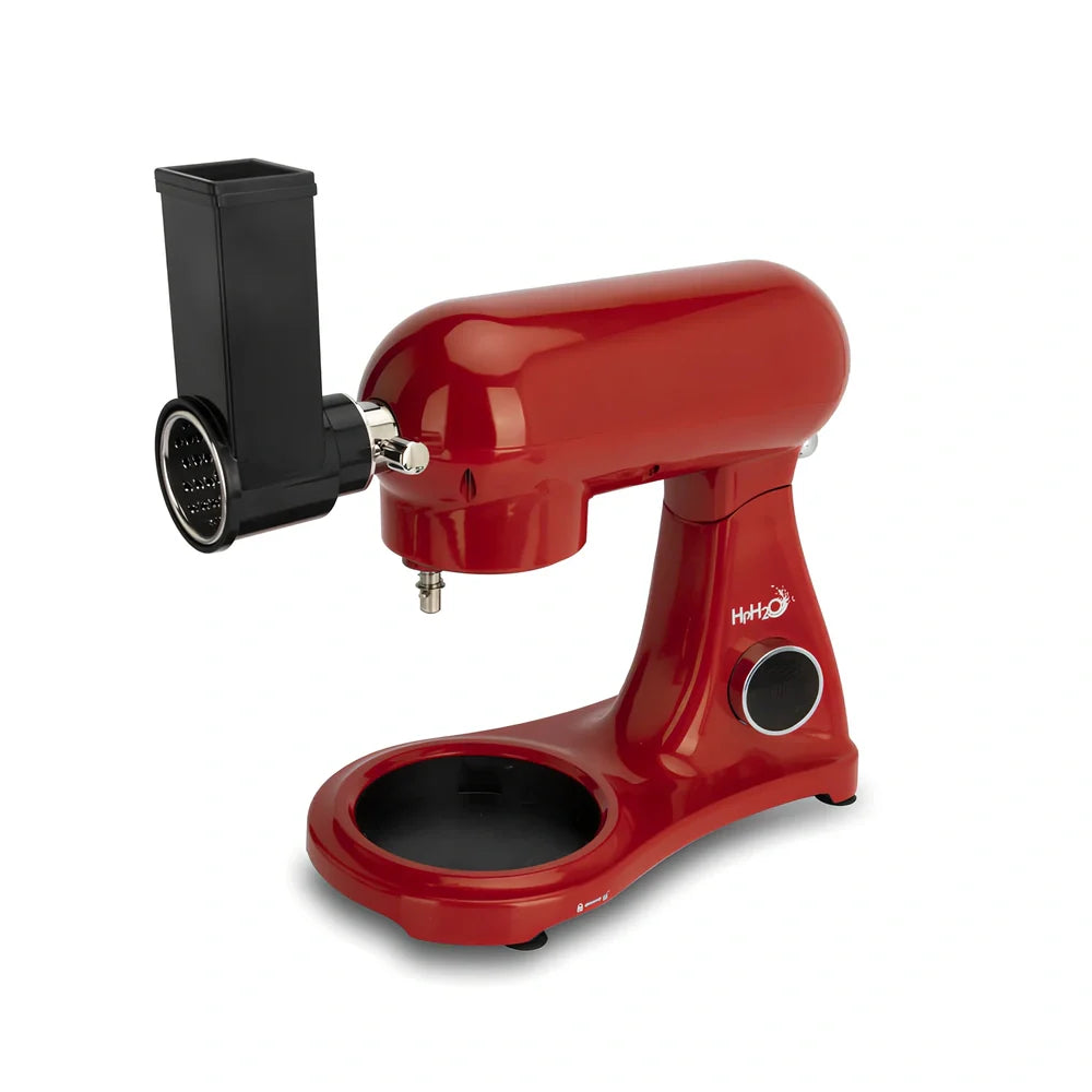 Red SM-1522ML stand mixer with metal body, digital controls, and stainless steel mixing bowl on kitchen counter