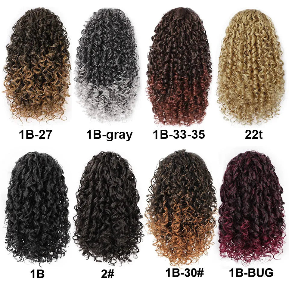 Drawstring puffy ponytail with afro curls in medium length for women, shown in simple style and colour options 1B, 27 and Bug.