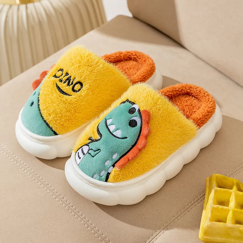 Cotton plush slippers with dinosaur themes in grey, coffee, and orange, showing thickened sole and couple set design
