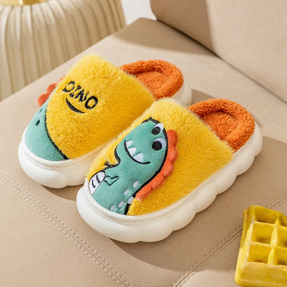 Cotton plush slippers with dinosaur themes in grey, coffee, and orange, showing thickened sole and couple set design