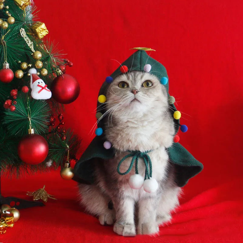 Red Christmas hooded cloak for pets made from polar fleece material on dog model
