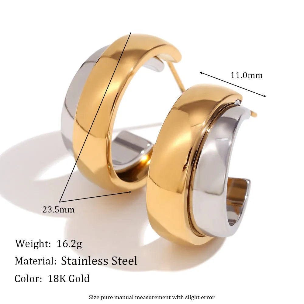 Gold electroplated stainless steel earrings, necklace, and bracelet set with geometric shapes and round ring elements