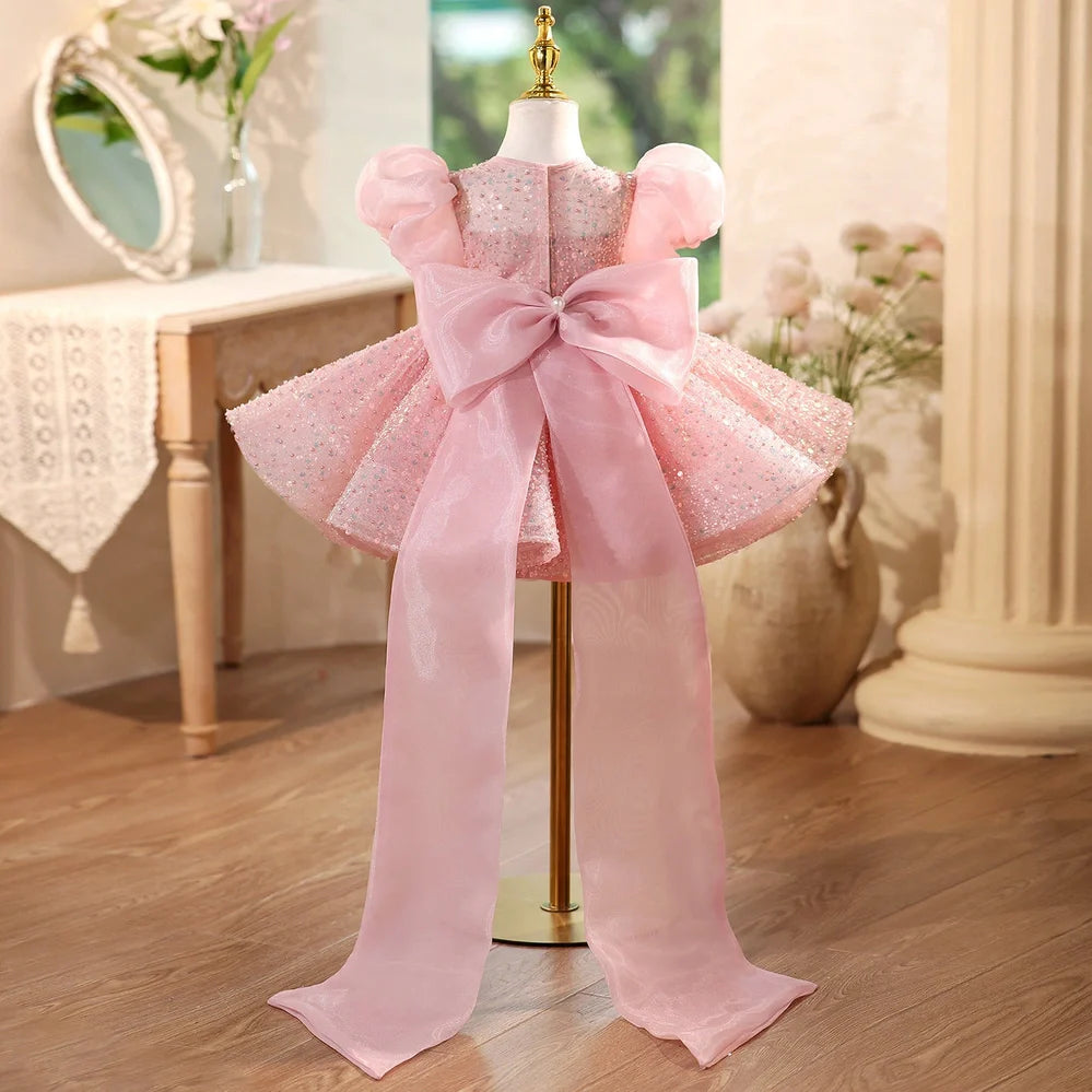 Pink children's sequined formal dress with puff sleeves for flower girl and wedding occasions