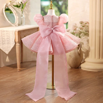 Pink children's sequined formal dress with puff sleeves for flower girl and wedding occasions
