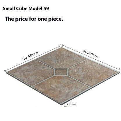 Self-adhesive vinyl flooring tile showing 30cm x 30cm dimensions with peel-and-stick backing visible