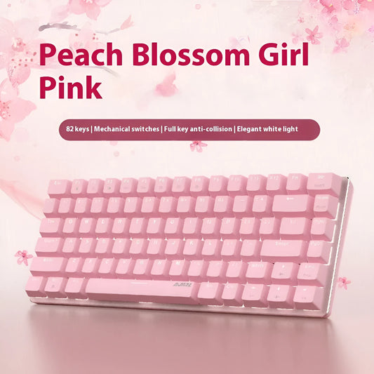 Pink mechanical keyboard with 82 keys and white backlight illumination on a desk.