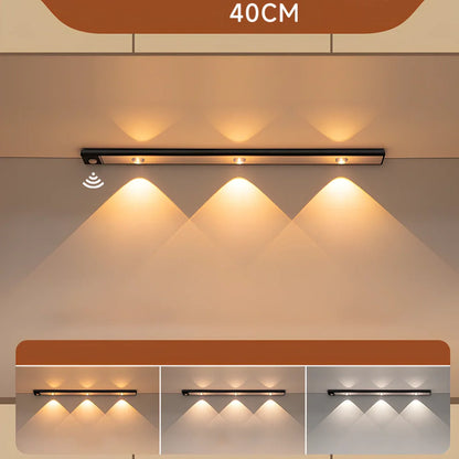 Silver LED inductive light strip, 40cm length, attached to shoe cabinet shelf with 3M adhesive