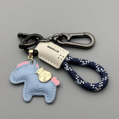 Handmade cowhide car key ring pendant with zinc alloy pony belt buckle and flanelle rope in nine colour options