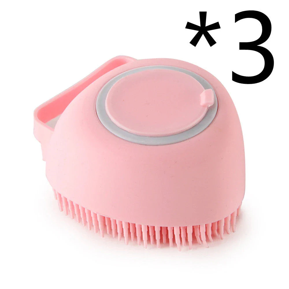 Silicone pet bath brush with shampoo dispenser, designed for gentle grooming and soothing massage