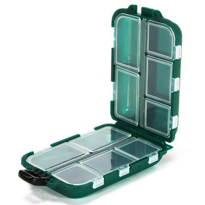 Black fishing tackle storage box with 10 internal compartments measuring 9.5x6.5x3cm