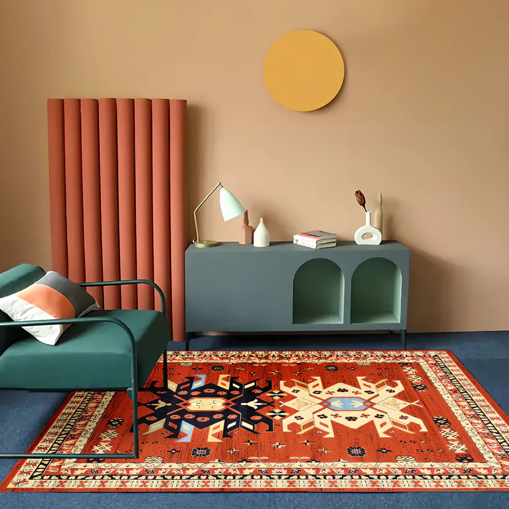 Rectangular boho-style polyester rug in various colours and sizes, machine-woven for consistent texture