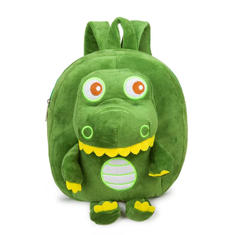Soft blue dinosaur plush backpack with embroidery detail and a soft handle.