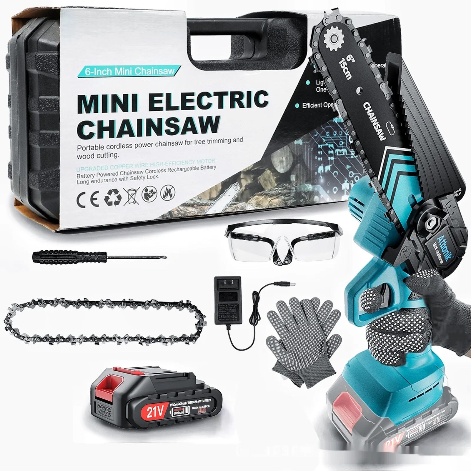 Compact cordless electric chainsaw with 6-inch chain, two batteries, safety goggles, gloves, and accessories in storage box